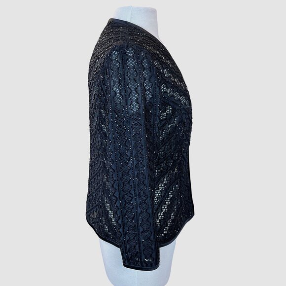 Bob Mackie Long Sleeve Black Open Front Lacy Beaded Evening Jacket Sz 8 - Picture 3 of 7